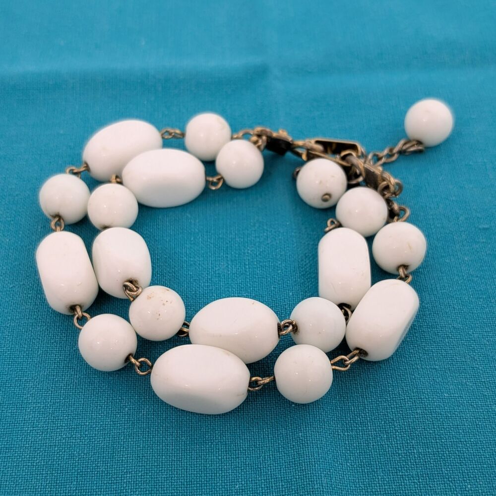 Reinad Double Strand White Bead Bracelet Vintage 8 Inch